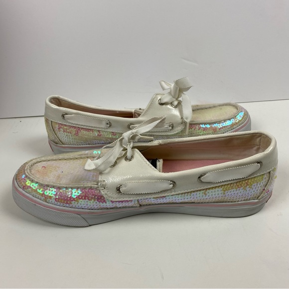 Sperry Topsider White Pink Iridescent Sequin Loafers Boat Shoes Women 10 - Picture 6 of 10